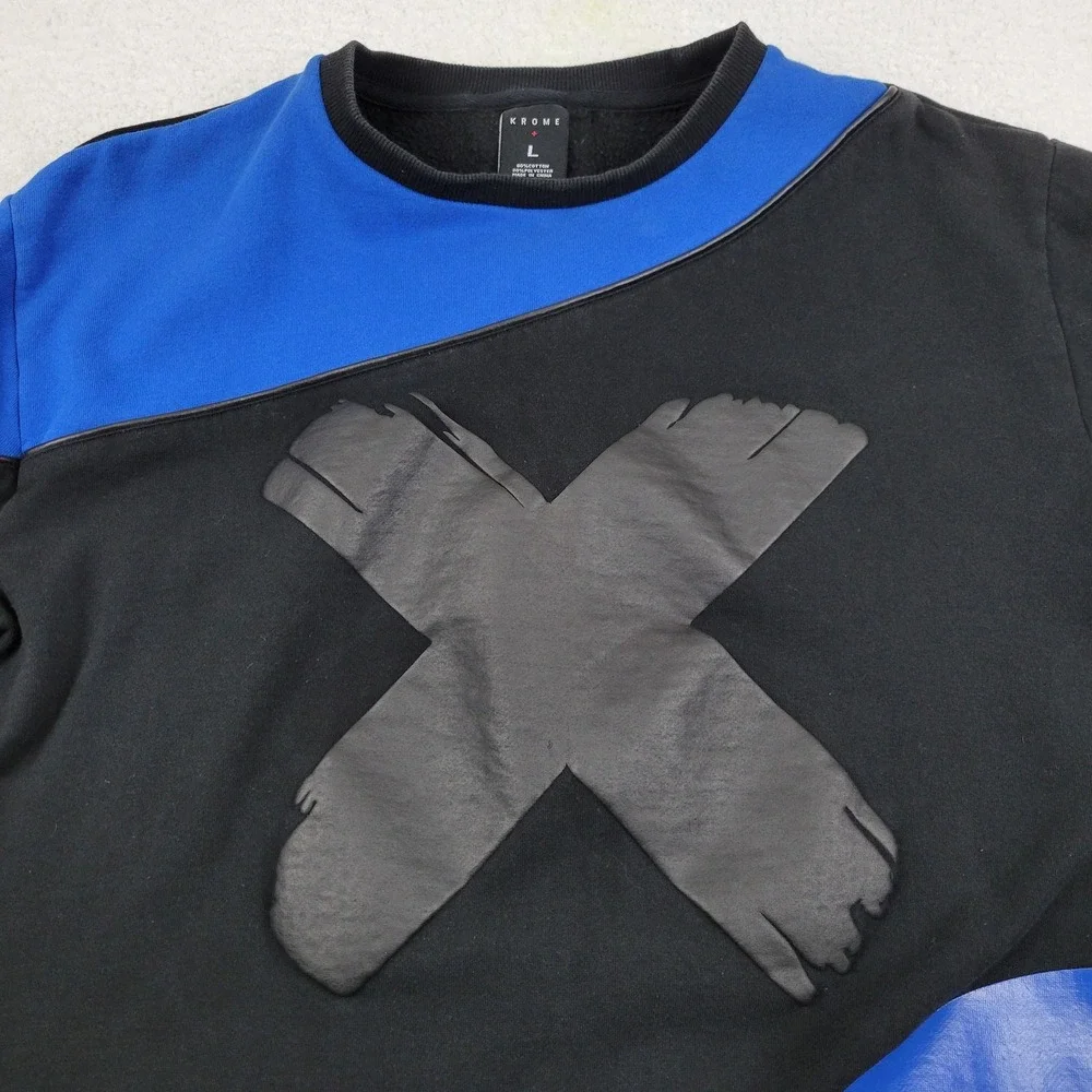 Krome Sweater Mens Large Black Blue X Pullover Crewneck Streetwear Banned 1984